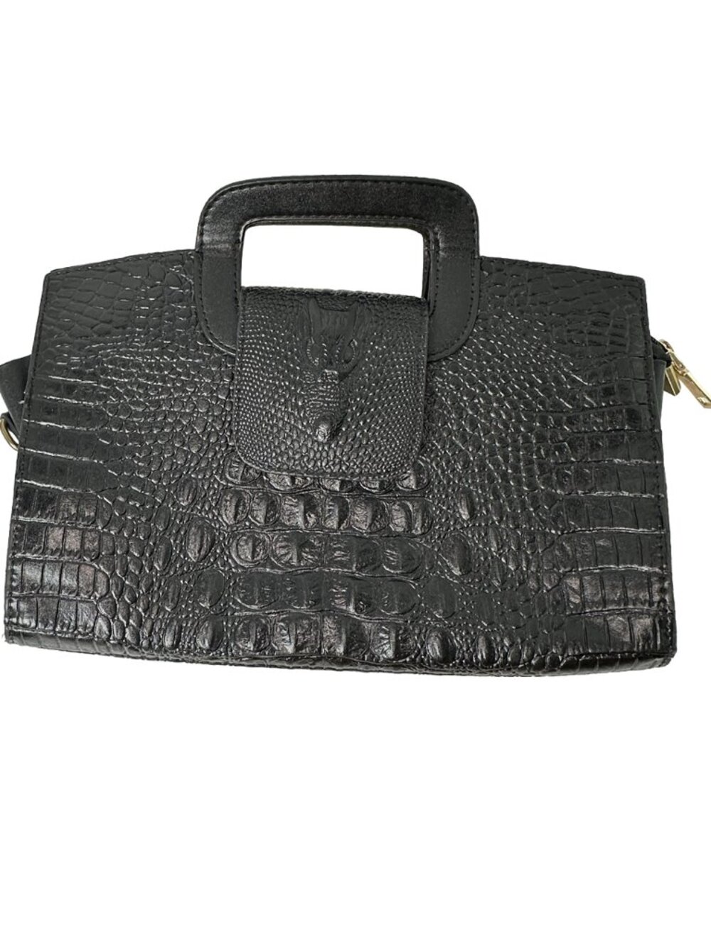 Vintage-Inspired Black Croc-Embossed Handbag with Hornback Details